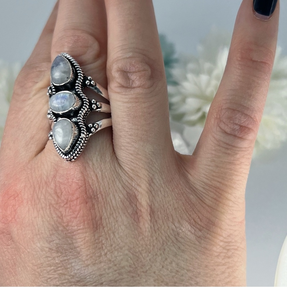 Chunky Triple Rainbow Moonstone Ring Size 10 Sterling Silver 925 Handmade New - Picture 2 of 6